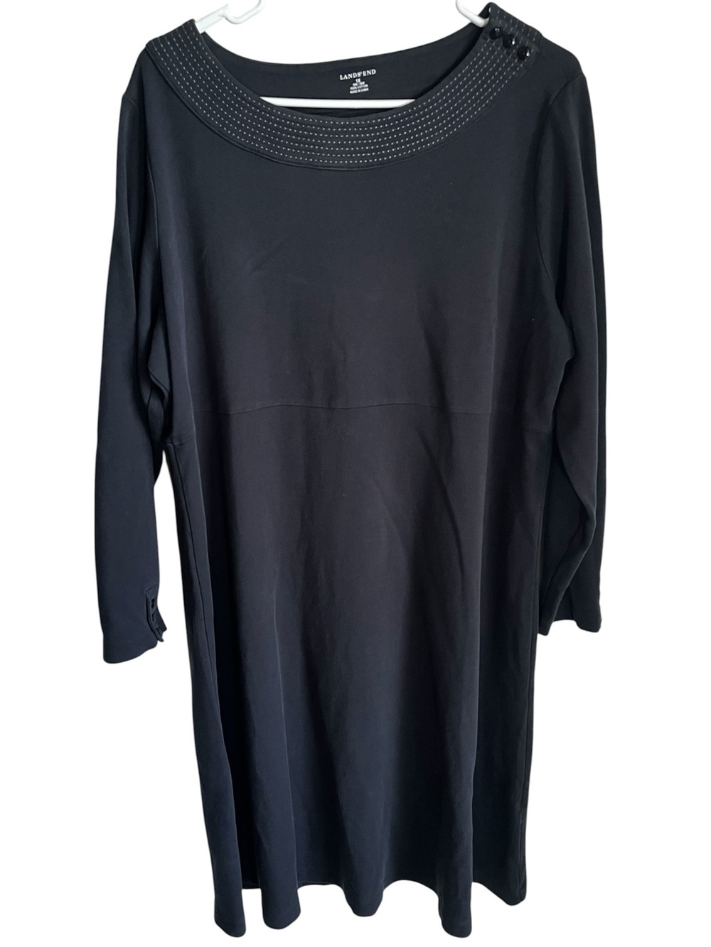 Lands' End Black Boatneck Long-Sleeve Dress Button Detail Modest Size 1X 16W/18W